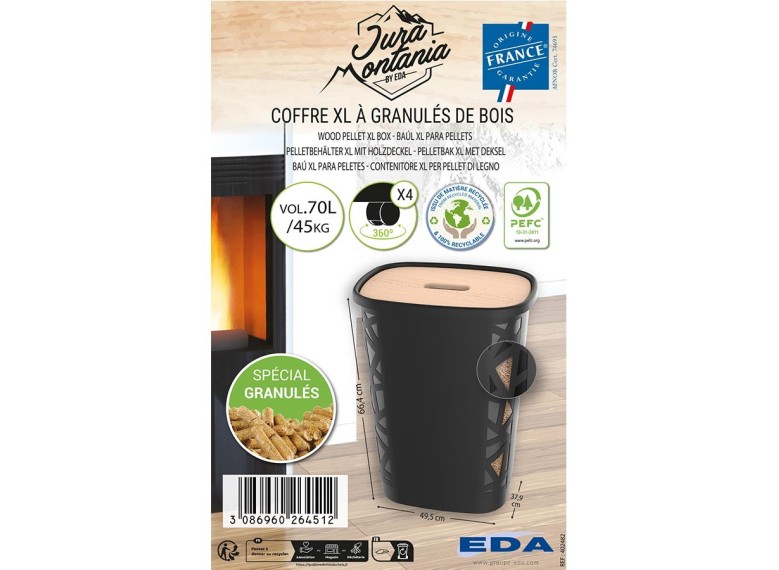 Coffre à Granules De Bois EDA XL Noir - Capacité 45kg, 70 Litres, Roulettes 360°, Couvercle En épicéa