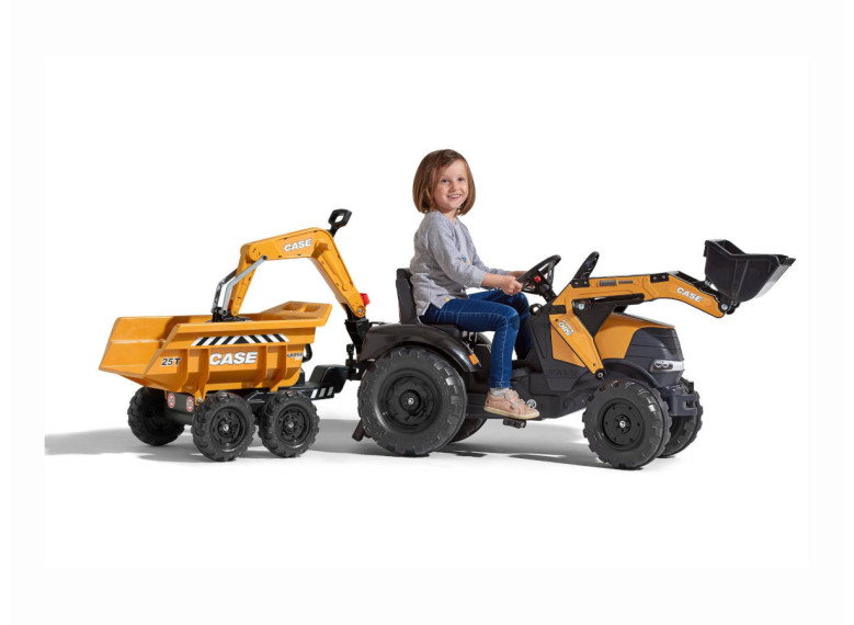 Tractopelle à Pédales FALK Case CE – 3-7 Ans – Pelle Frontale + Excavatrice + Remorque Basculante – Made In France